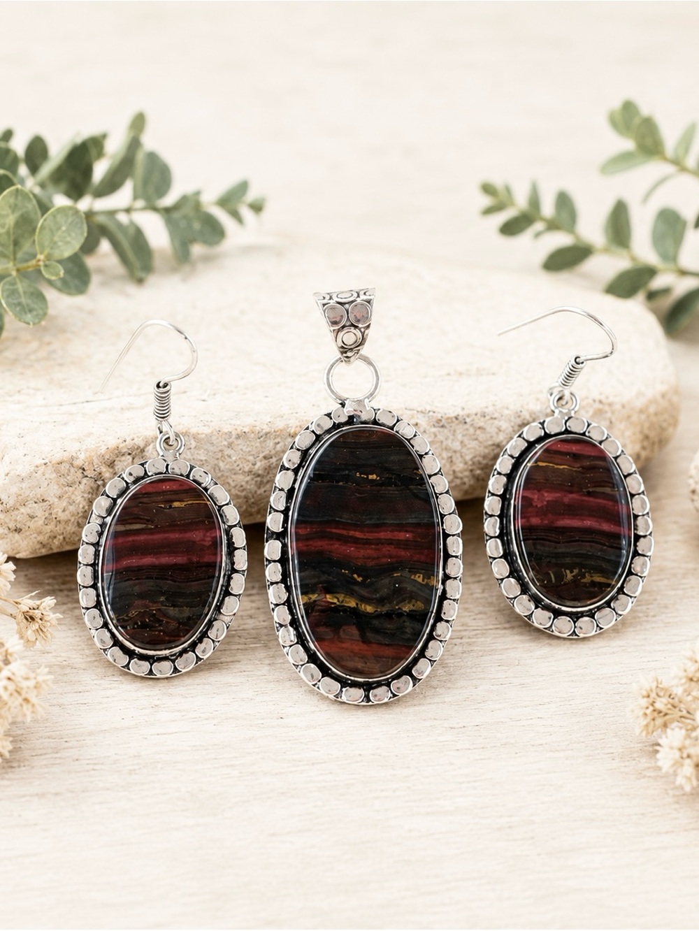 Iron Tigerโs Eye Sterling Silver Pendant & Earring Set